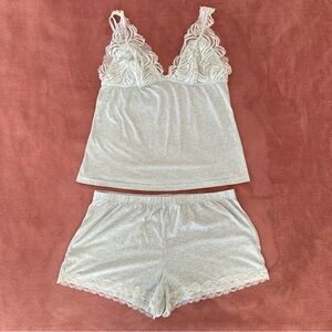 Light Gray & White Pajama Set With Lace Detail